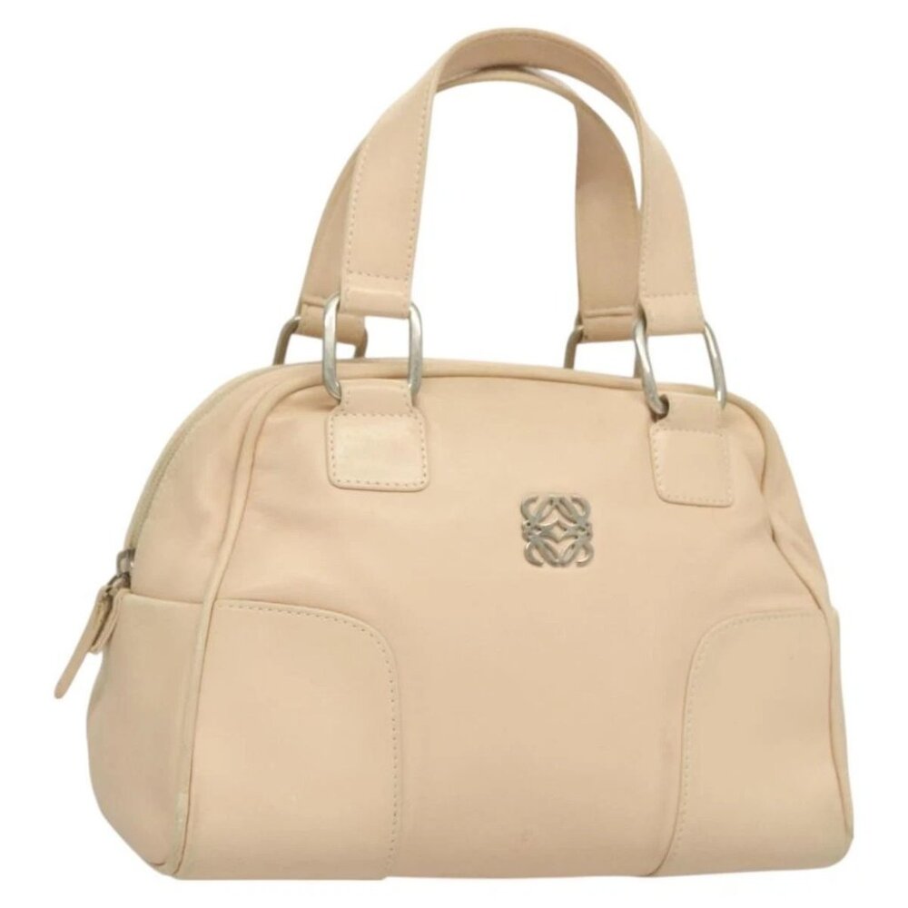 LOEWE Anagram Hand Bag Leather Beige Silver Auth 130882